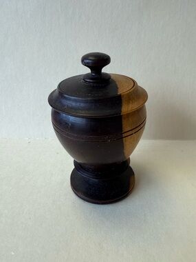 Vintage Hand Crafted Wood Turned Lidded Jar in Two Tone Dark and Natural Wood.